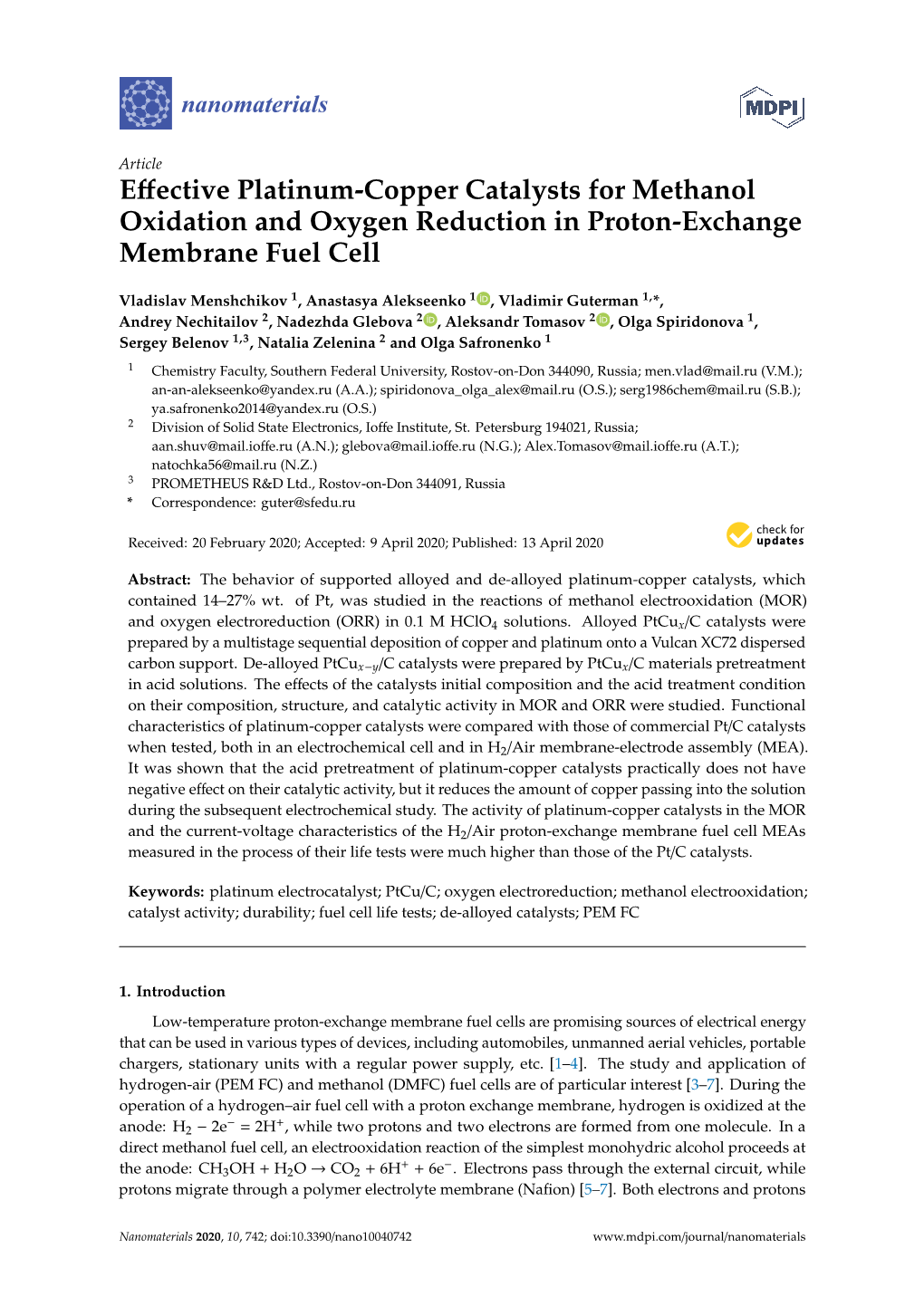 Effective Platinum-Copper Catalysts for Methanol Oxidation and Oxygen Reduction in Proton-Exchange Membrane Fuel Cell