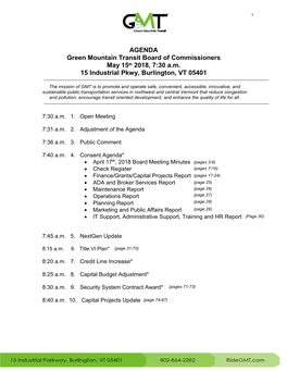 AGENDA Green Mountain Transit Board of Commissioners May 15Th 2018, 7:30 A.M