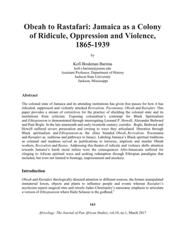 Obeah to Rastafari: Jamaica As a Colony of Ridicule, Oppression and Violence, 1865-1939