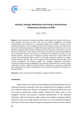 Ethnicity, Strategic Mobilization and Voting in the Romanian Parliamentary Elections of 2008