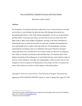 Recovering Morality: Pragmatic Sociology and Literary Studies