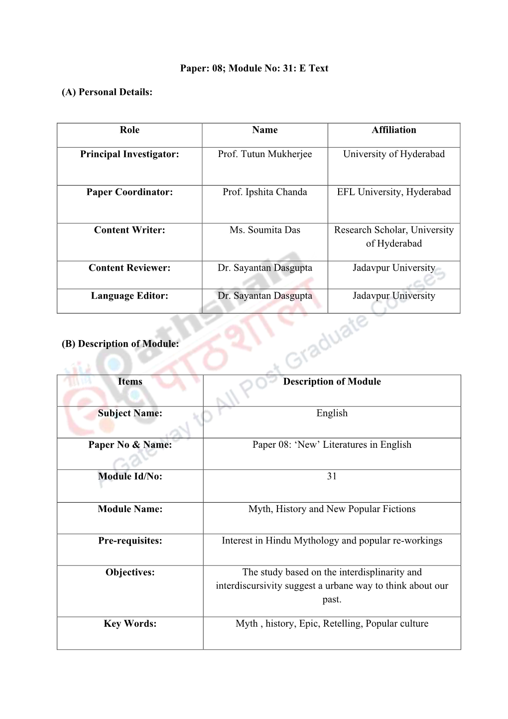 Paper: 08; Module No: 31: E Text (A) Personal Details: Role Name