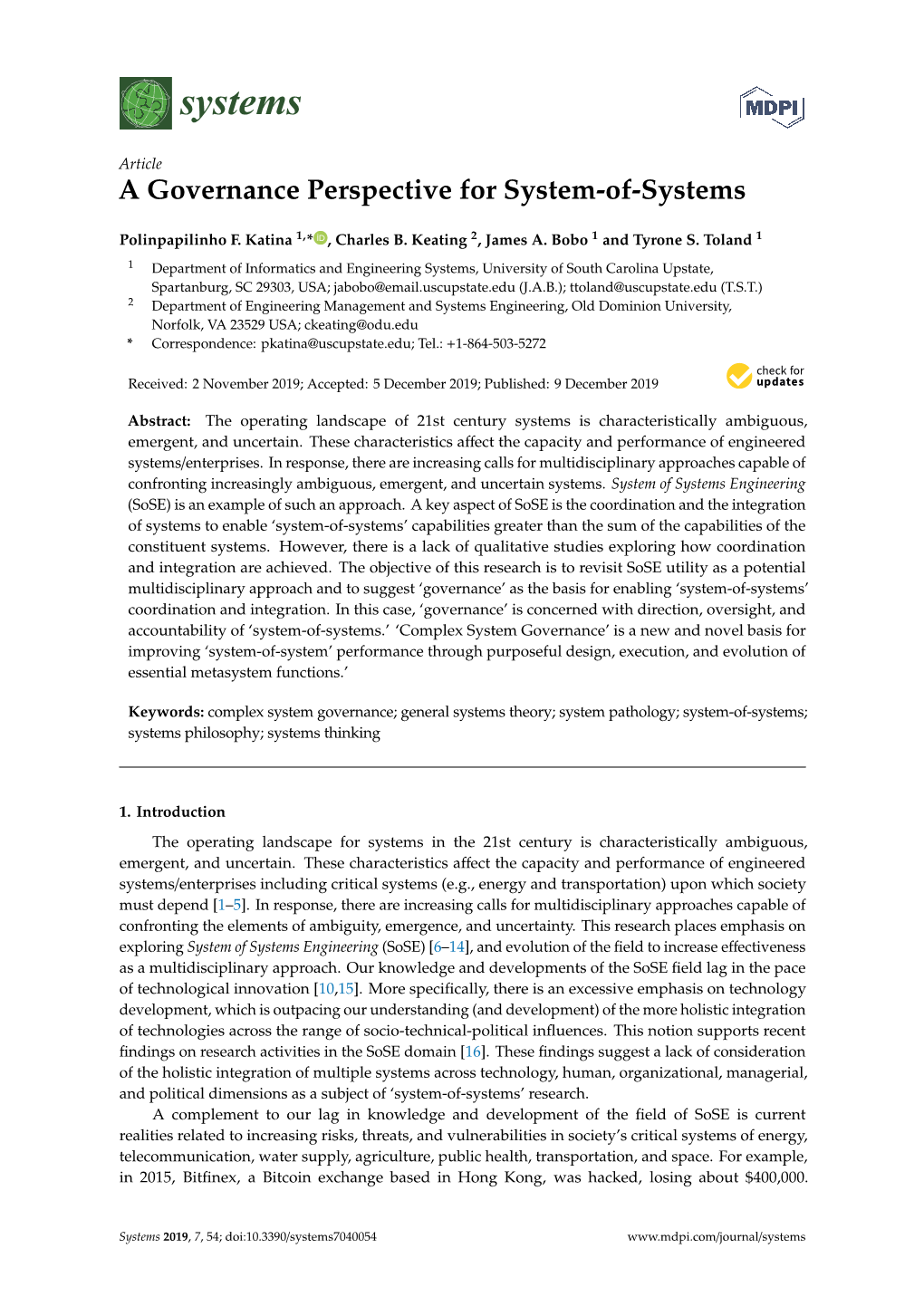 A Governance Perspective for System-Of-Systems