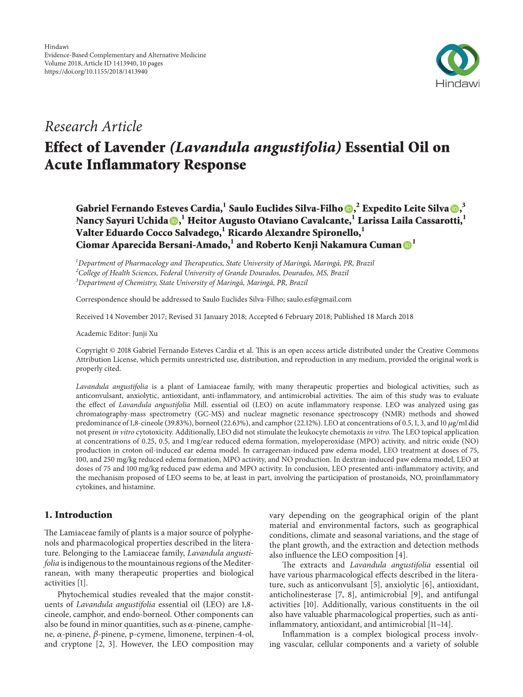 Effect of Lavender (Lavandula Angustifolia) Essential Oil on Acute Inflammatory Response