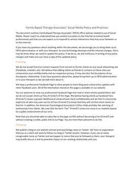 Family Based Therapy Associates' Social Media Policy and Practices
