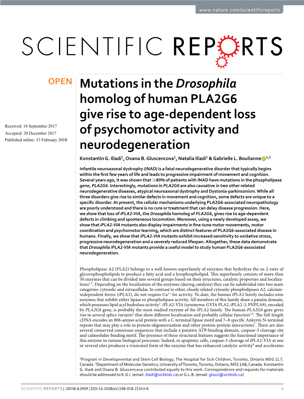 Mutations in the Drosophila Homolog of Human PLA2G6 Give Rise to Age-Dependent Loss of Psychomotor Activity and Neurodegeneratio