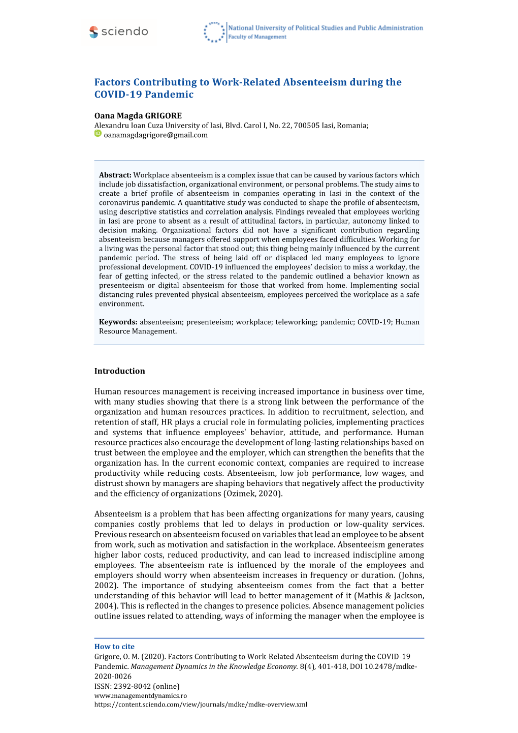 Factors Contributing to Work-Related Absenteeism During the COVID-19 Pandemic