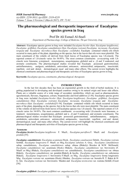 The Pharmacological and Therapeutic Importance of Eucalyptus Species Grown in Iraq