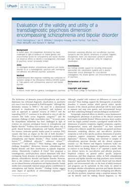 Evaluation of the Validity and Utility of a Transdiagnostic Psychosis Dimension Encompassing Schizophrenia and Bipolar Disorder Ulrich Reininghaus,* Jan R