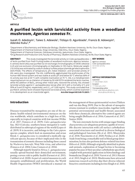 A Purified Lectin with Larvicidal Activity from a Woodland Mushroom