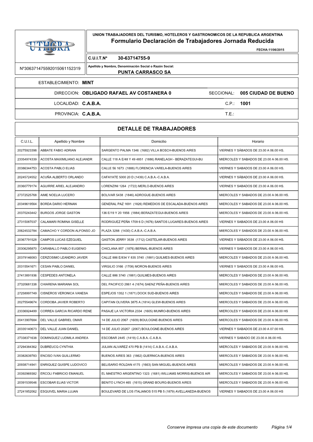 Formulario Declaración De Trabajadores Jornada Reducida