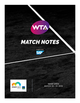 Miami Open March 19 – 31, 2019 Women’S Tennis Association Match Notes