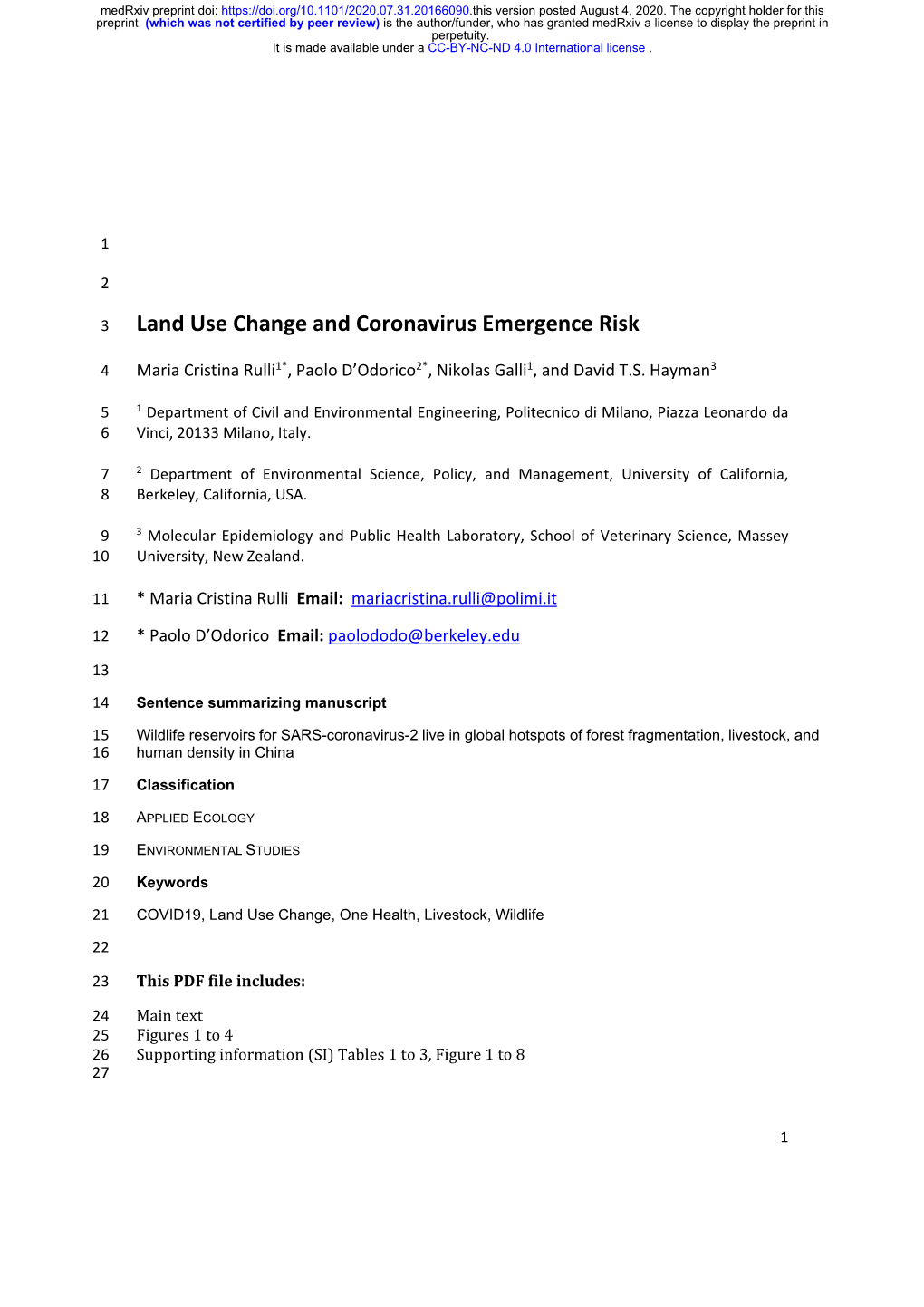 Land Use Change and Coronavirus Emergence Risk