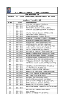 M. L. DAHANUKAR COLLEGE of COMMERCE Final Admission List Division - ALL , B.Com