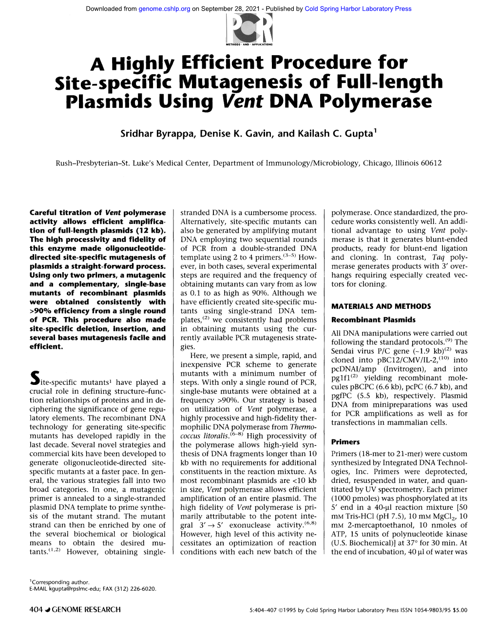 A Highly Efficient Procedure for Plasmids Using Vent DNA Polymerase
