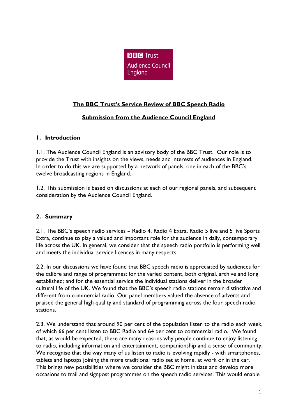 The BBC Trust's Service Review of BBC Speech Radio Submission