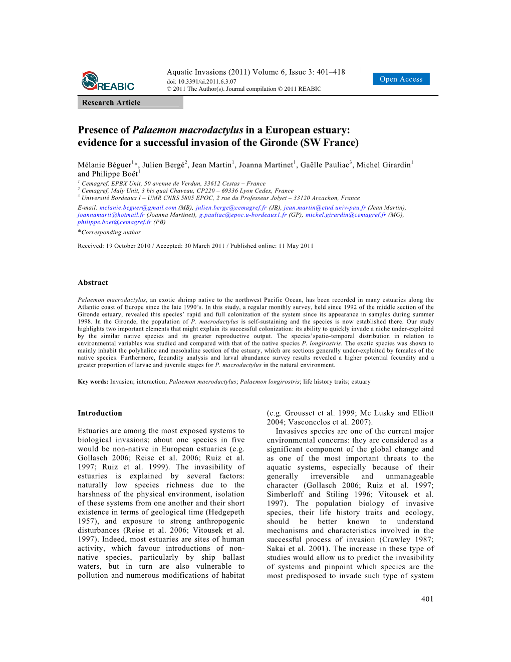 Presence of Palaemon Macrodactylus in a European Estuary: Evidence for a Successful Invasion of the Gironde (SW France)