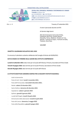 Circ. N. 4 Travesio, 07 Settembre 2021 a Tutto Il Personale Docente Ed ATA