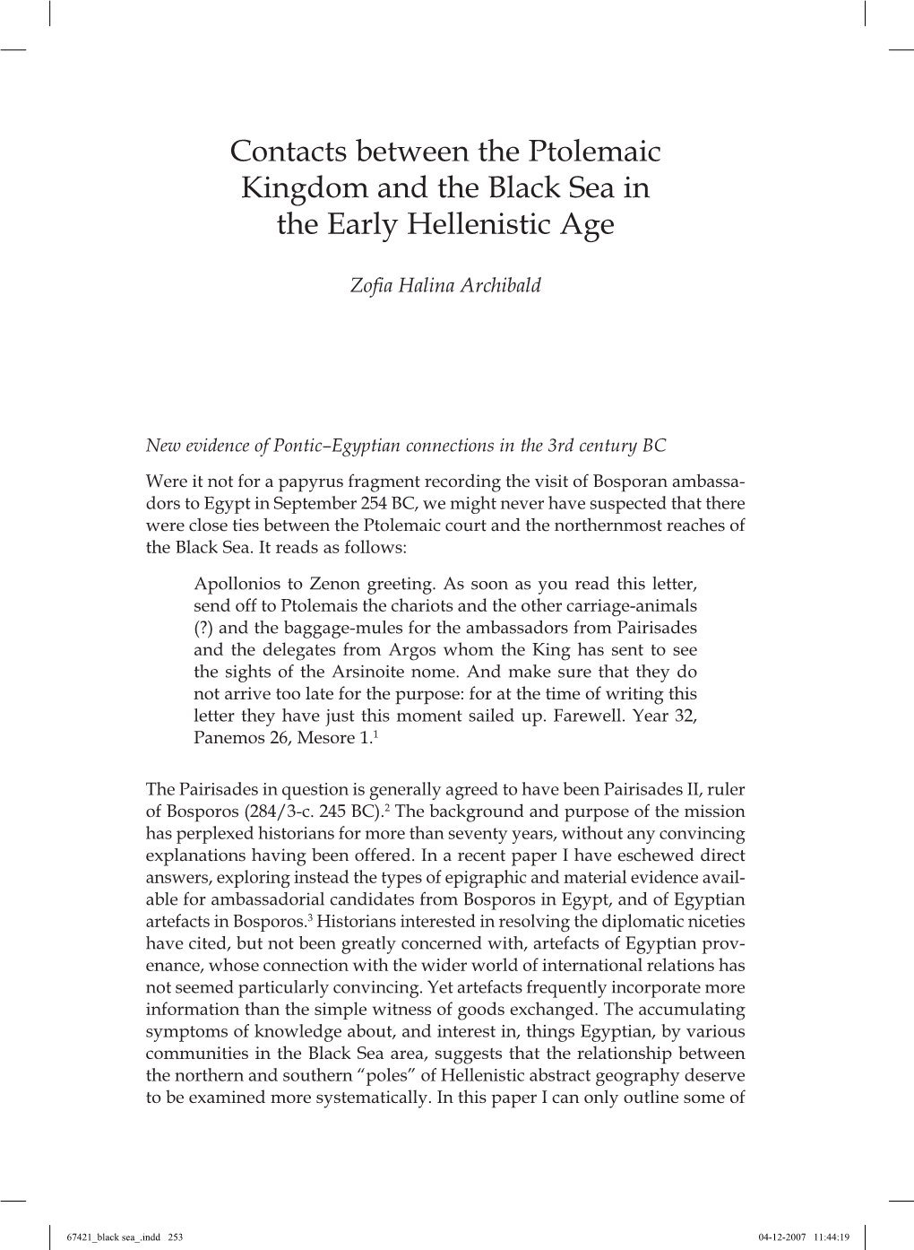 Contacts Between the Ptolemaic Kingdom and the Black Sea in the Early Hellenistic Age