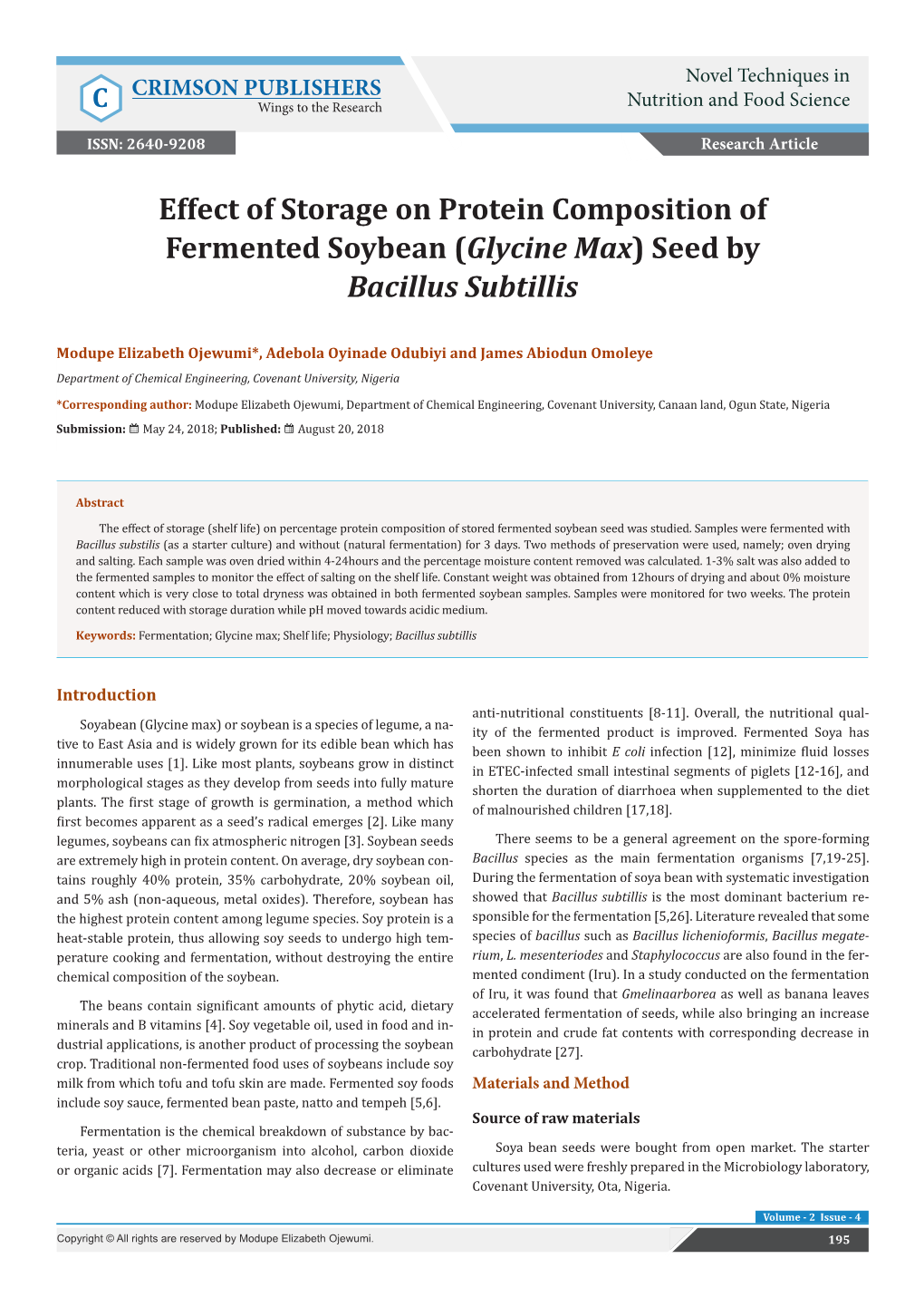 Effect of Storage on Protein Composition of Fermented Soybean (Glycine Max) Seed by Bacillus Subtillis