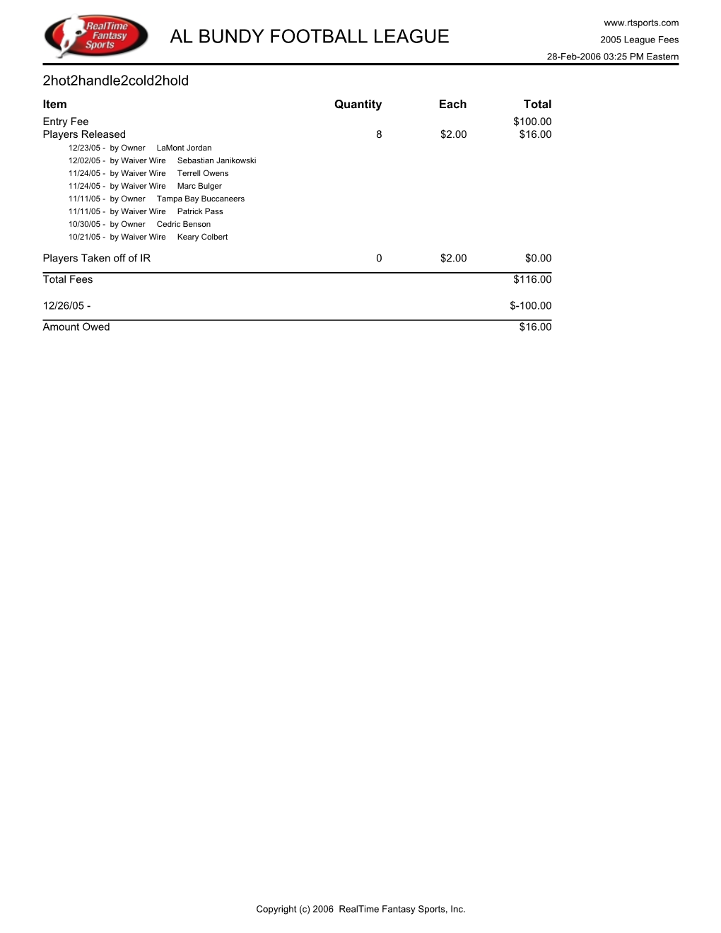 AL BUNDY FOOTBALL LEAGUE 2005 League Fees 28-Feb-2006 03:25 PM Eastern 2Hot2handle2cold2hold