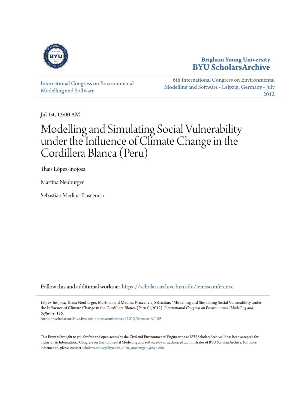 Modelling and Simulating Social Vulnerability Under the Influence of Climate Change in the Cordillera Blanca (Peru) Thaís López-Inojosa