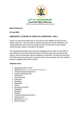 CITY of JOHANNESBURG Councillor Mpho Moerane MMC: Environment and Infrastructure Services