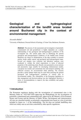 Geological and Hydrogeological Characterization of the Landfill Areas Located Around Bucharest City in the Context of Environmental Management