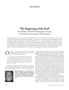 “The Beginning of the End” an Analysis of British Newspaper Coverage of Lincoln’S Emancipation Proclamation