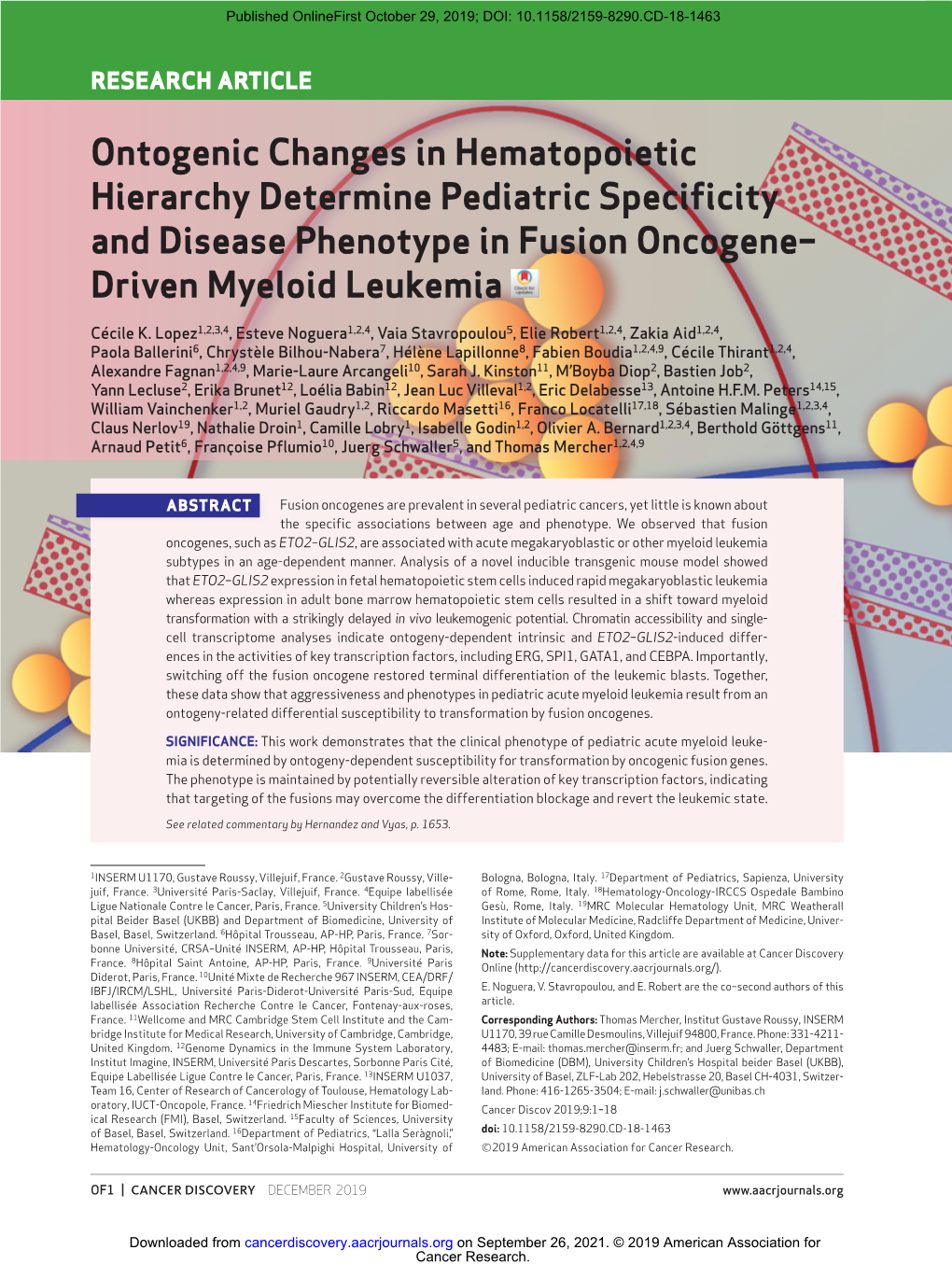 Ontogenic Changes in Hematopoietic Hierarchy Determine Pediatric Specificity and Disease Phenotype in Fusion Oncogene– Driven Myeloid Leukemia