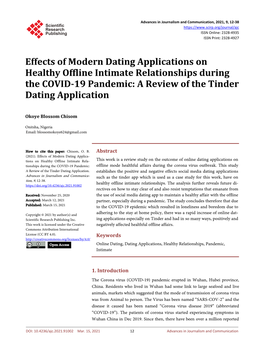 Effects of Modern Dating Applications on Healthy Offline Intimate Relationships During the COVID-19 Pandemic: a Review of the Tinder Dating Application