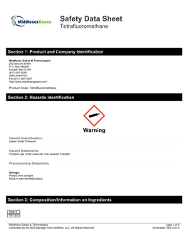 Safety Data Sheet Tetrafluoromethane