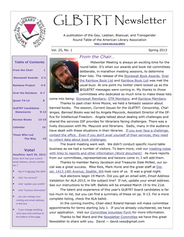 GLBT Round Table Newsletter, Vol. 25, No. 1, Spring 2013