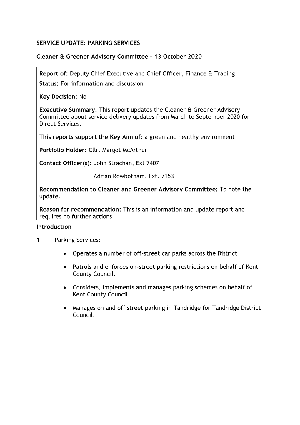 PARKING SERVICES Cleaner & Greener Advisory Committee