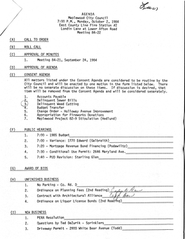 Maplewood City Council 7:00 P.M., Monday, October 2, 1984