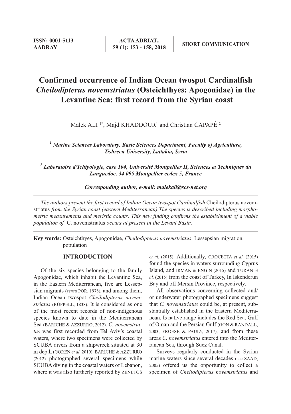 Confirmed Occurrence of Indian Ocean Twospot Cardinalfish