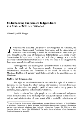Understanding Bangsamoro Independence As a Mode of Self-Determination*