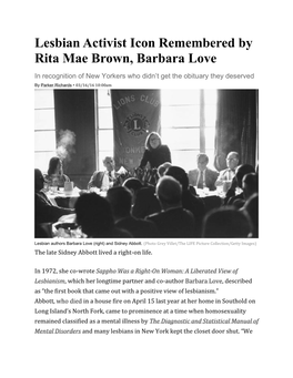 Lesbian Activist Icon Remembered by Rita Mae Brown, Barbara Love, In
