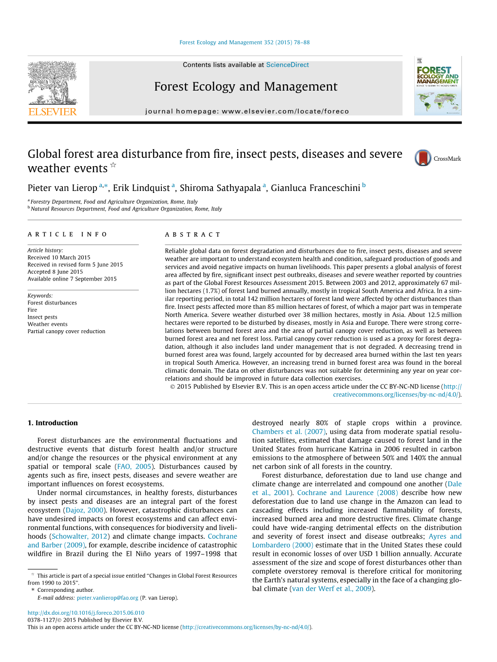 Global Forest Area Disturbance from Fire, Insect Pests, Diseases And