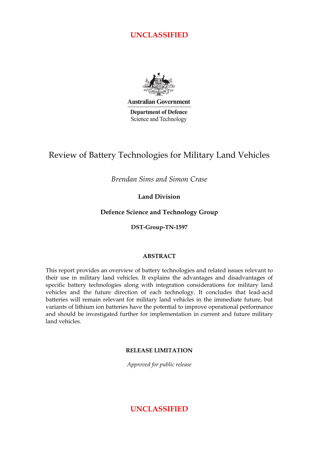 Review of Battery Technologies for Military Land Vehicles