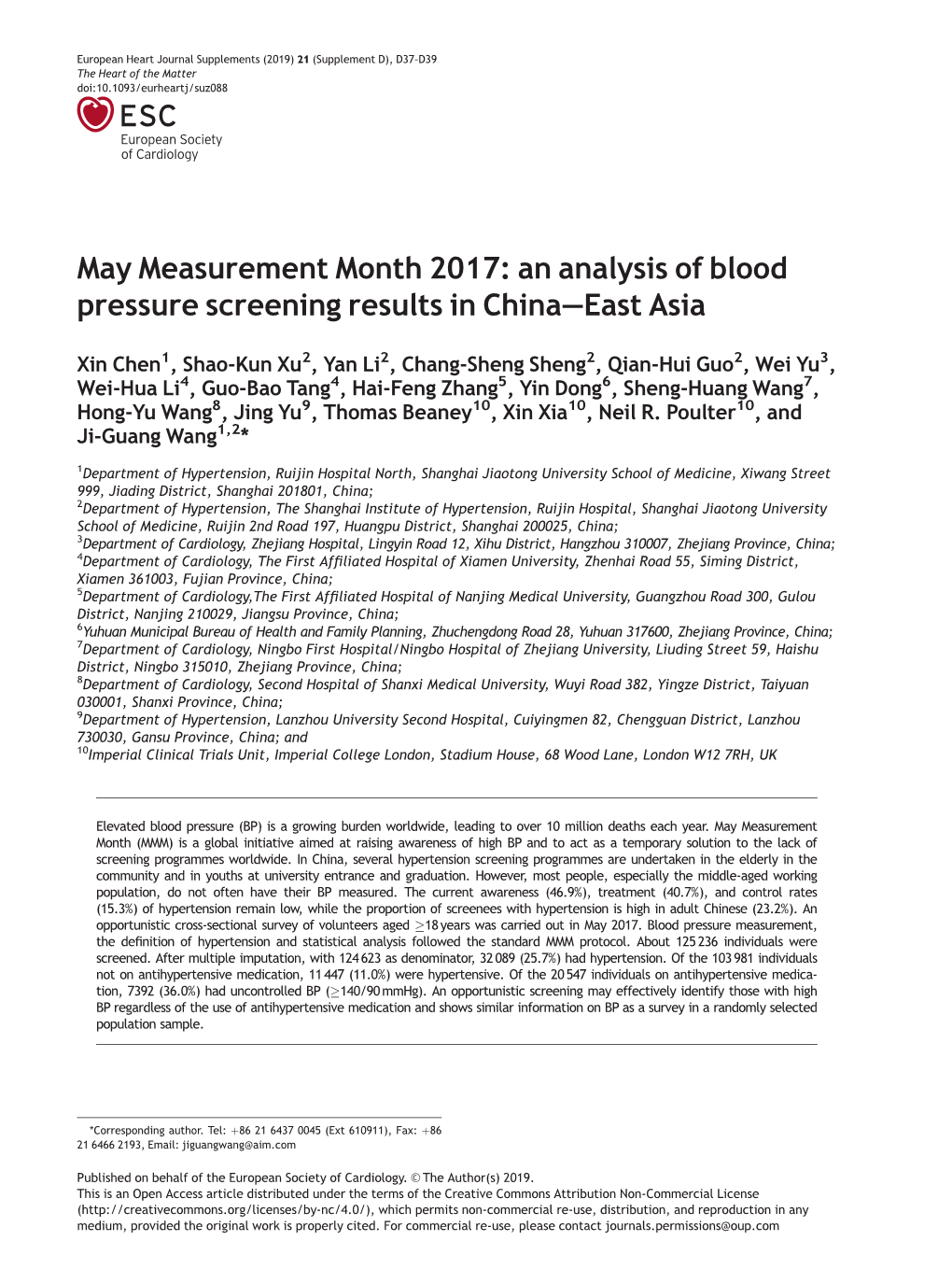 An Analysis of Blood Pressure Screening Results in China—East Asia