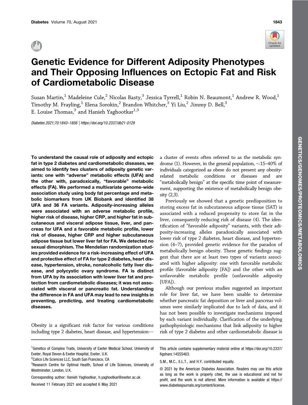 Genetic Evidence for Different Adiposity Phenotypes and Their Opposing Influences on Ectopic Fat and Risk of Cardiometabolic Disease