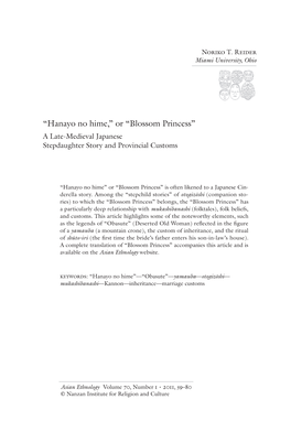 “Hanayo No Hime,” Or “Blossom Princess” a Late-Medieval Japanese Stepdaughter Story and Provincial Customs