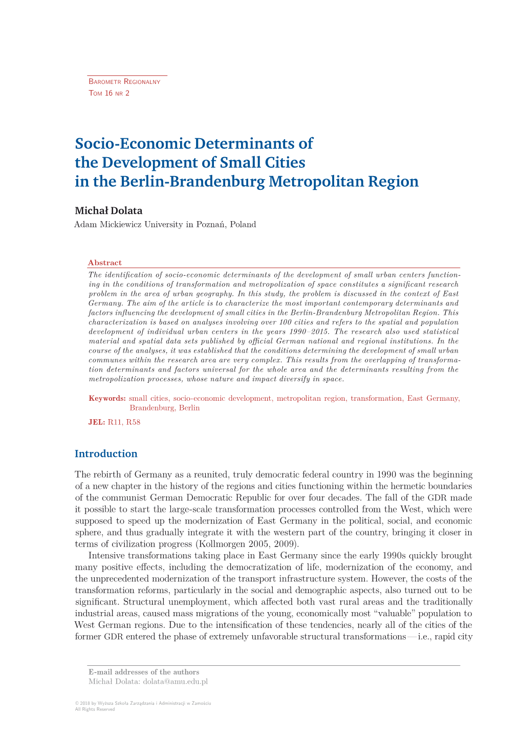 Socio-Economic Determinants of the Development of Small Cities in the Berlin-Brandenburg Metropolitan Region
