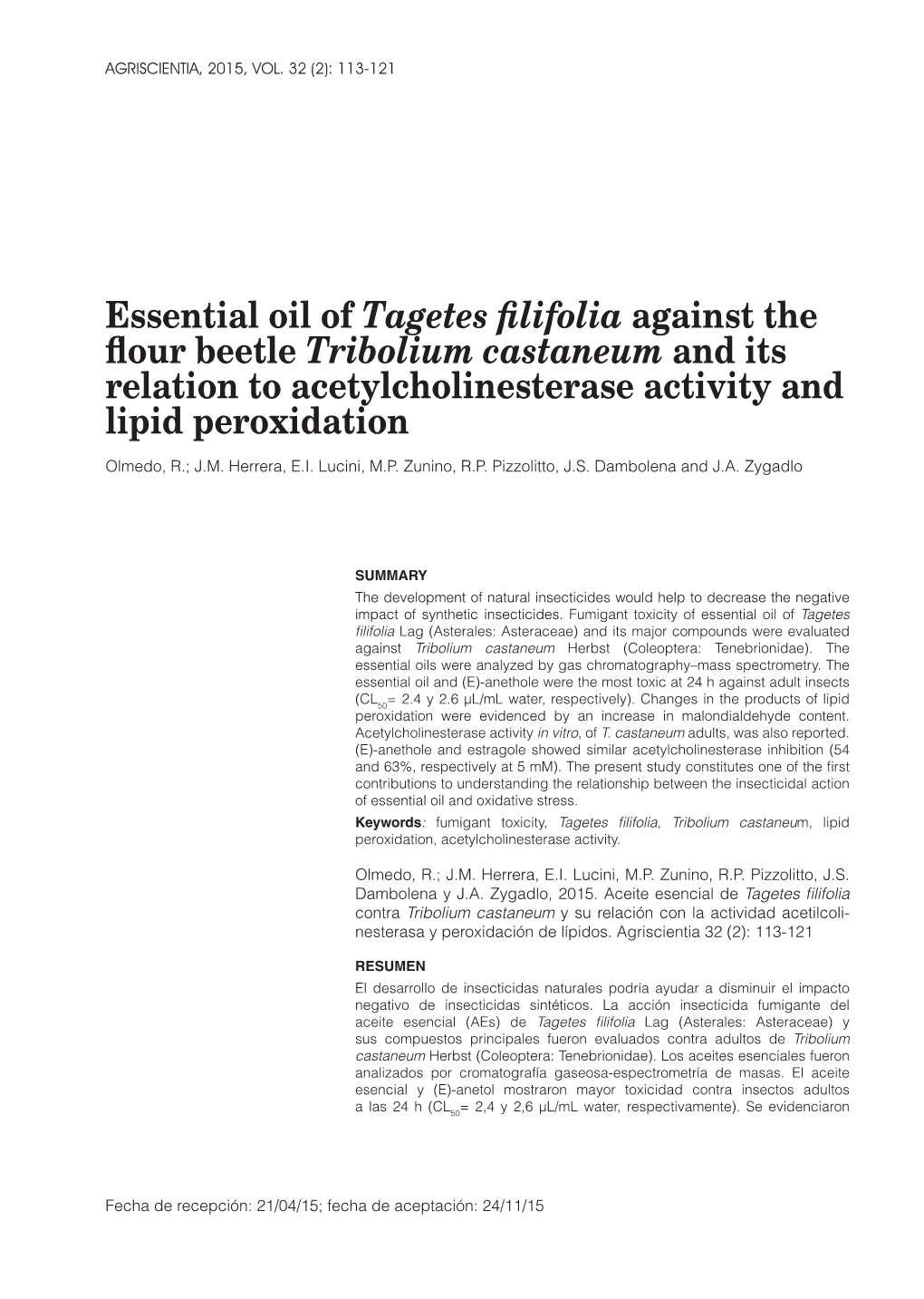 Essential Oil of Tagetes Filifolia Against the Flour Beetle Tribolium