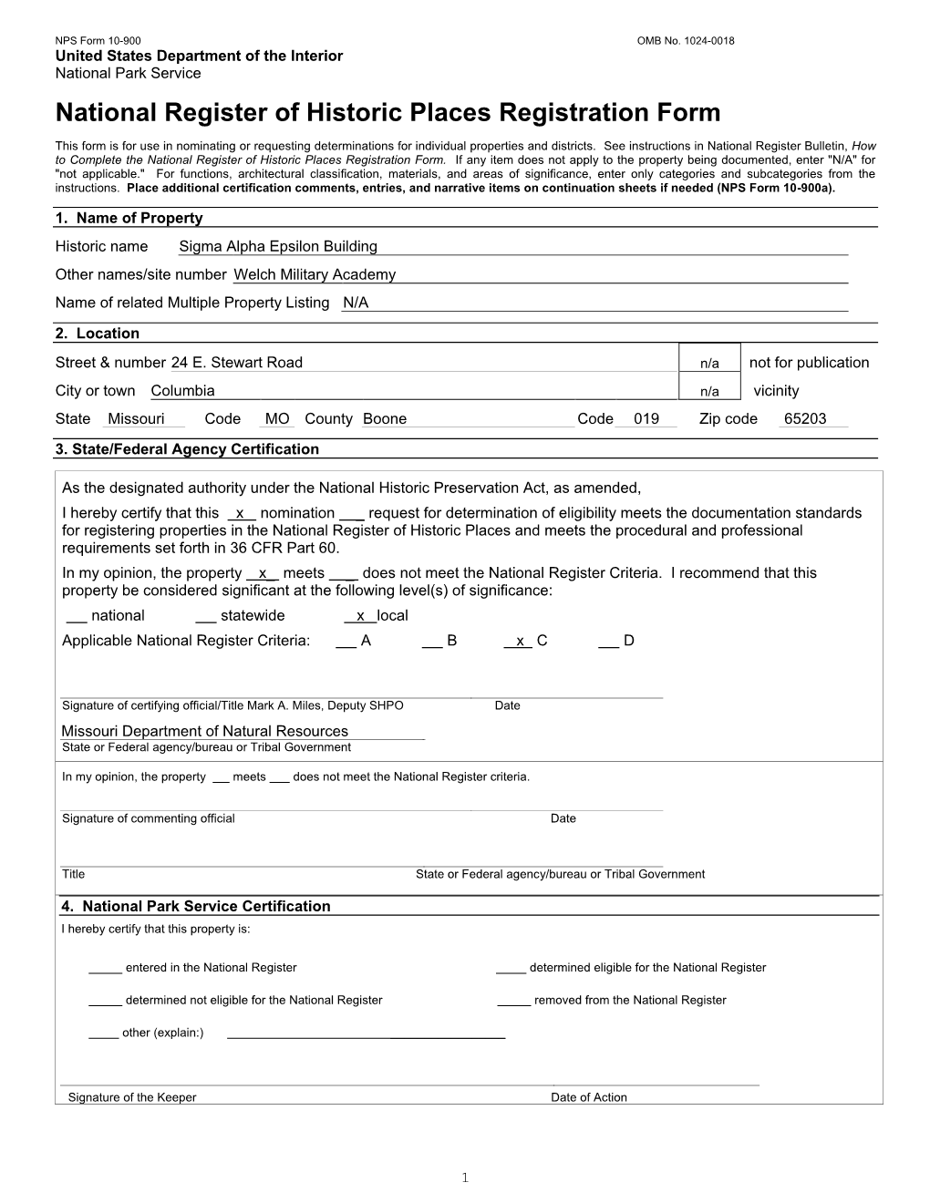 NPS Form 10 900 OMB No. 1024 0018