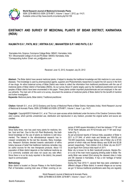 Existancy and Survey of Medicinal Plants of Bidar District, Karnataka (India)