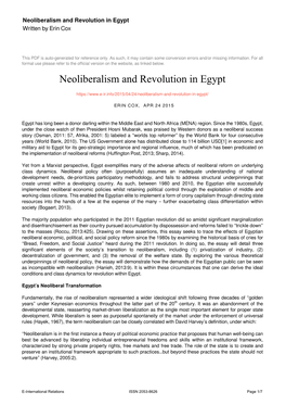 Neoliberalism and Revolution in Egypt Written by Erin Cox