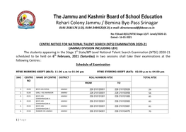 Centre Notice of NTS Exam 2020-21 in Respect of Jammu Division+Leh