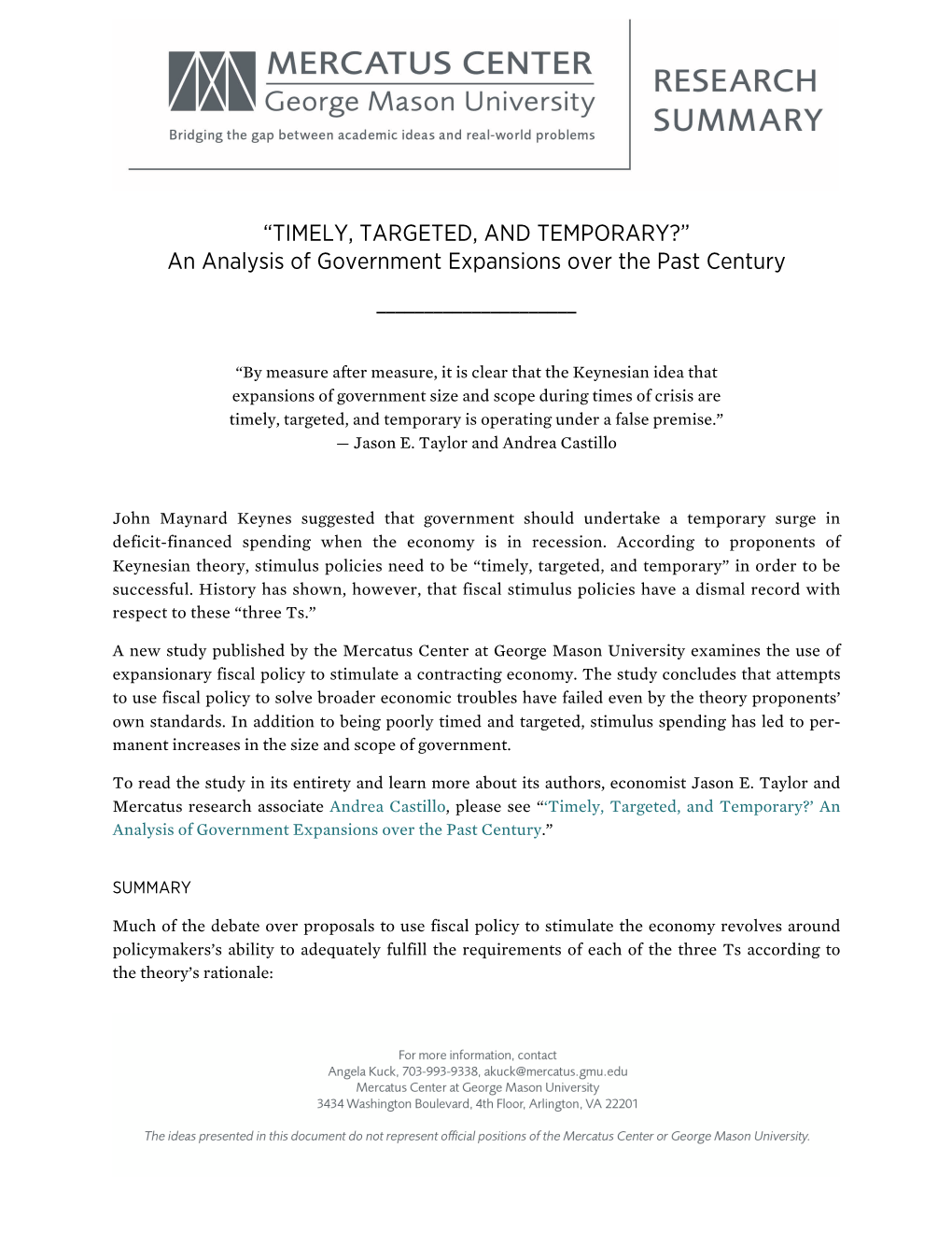 TIMELY, TARGETED, and TEMPORARY?” an Analysis of Government Expansions Over the Past Century